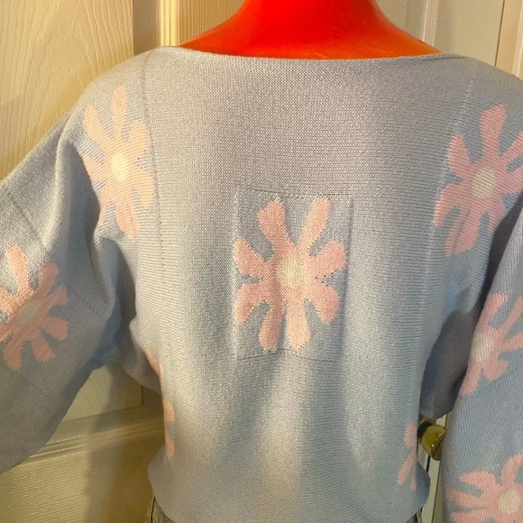 Kawaii Cute Adorable Floral Blue and Pink Knit Sweater - Picture 10 of 12